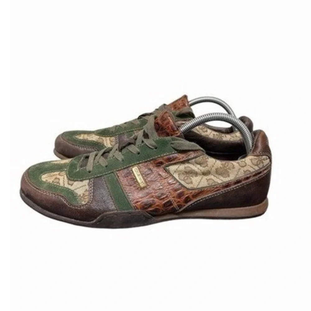 Guess by Marciano Sneakers Mens 8.5 Brown Green Croc Embossed Monogram Suede EUC